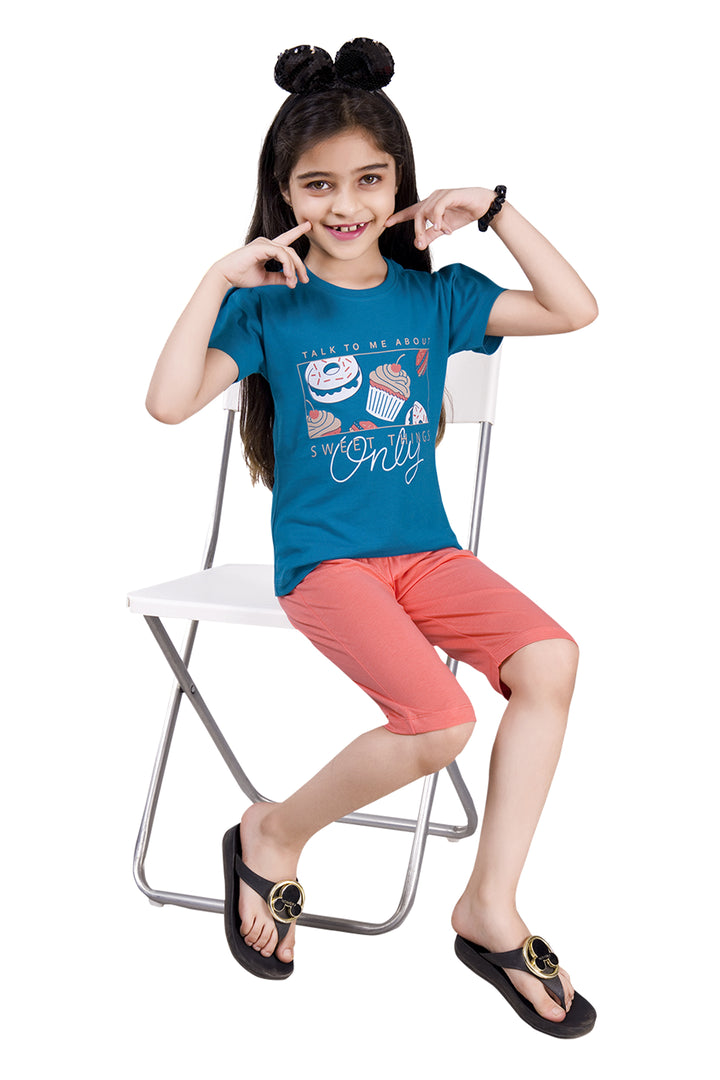 Girls Round Neck Tees With 3/4 Pant Set - Linda