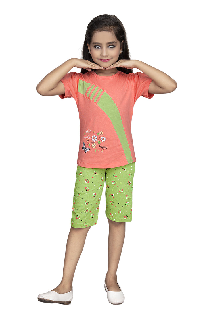 Girls Round Neck Tees With 3/4 Pant Set - Aroma