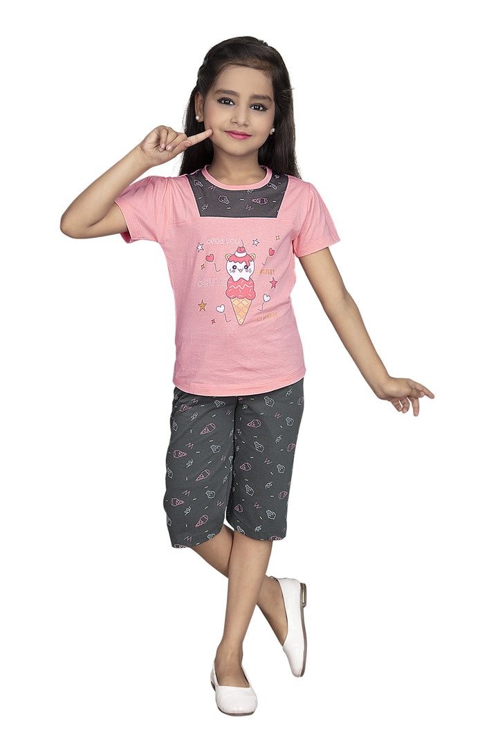 Girls Round Neck Tees With 3/4 Pant Set - Aroma