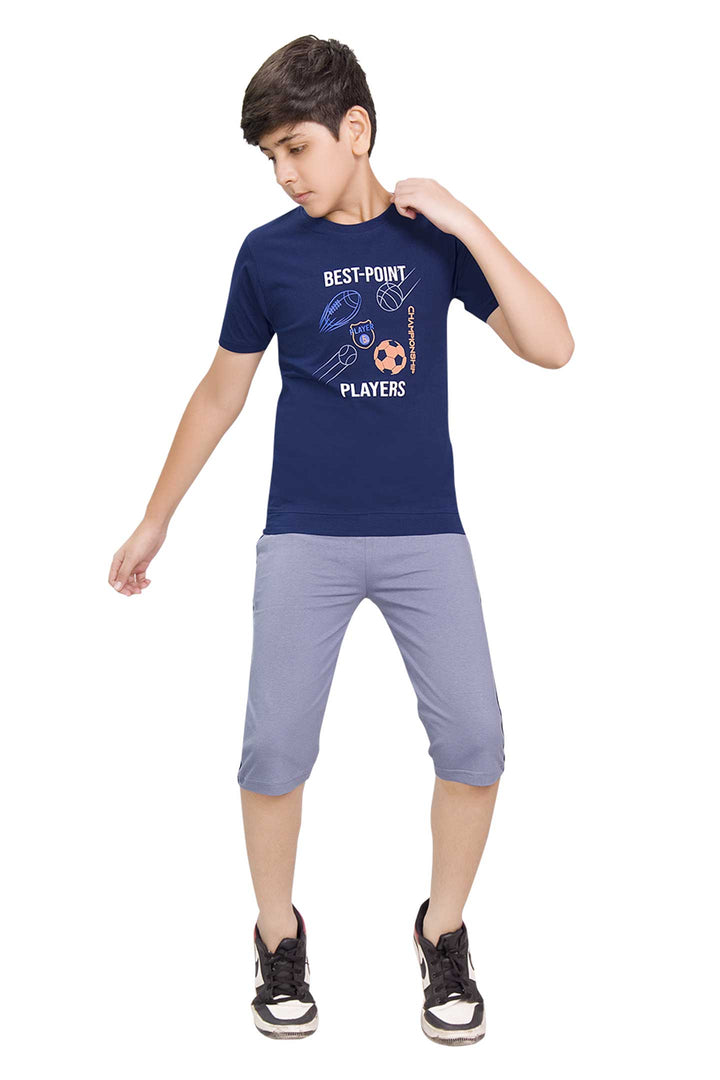 Boys Round Neck Tees With 3/4 Pant - Police