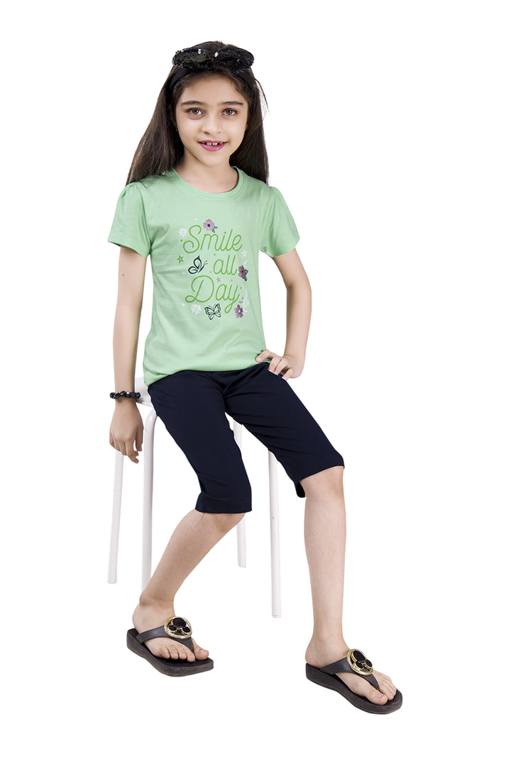 Girls Round Neck Tees  With 3/4 Pant Set - Linda