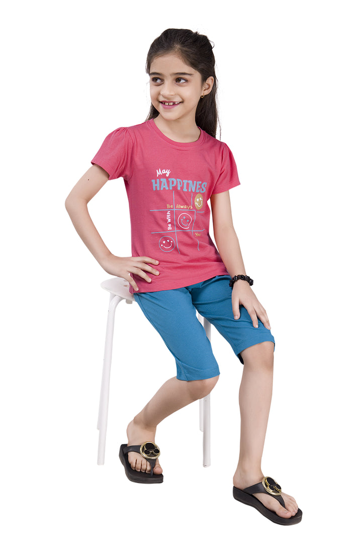 Girls Round Neck Tees  With 3/4 Pant Set - Linda